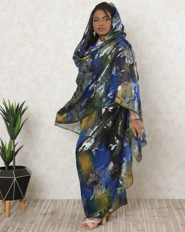 Multicolor Premium pure silk chiffon thobe with same tone metallic lurex in floral design-D11647 Regal Fabrics