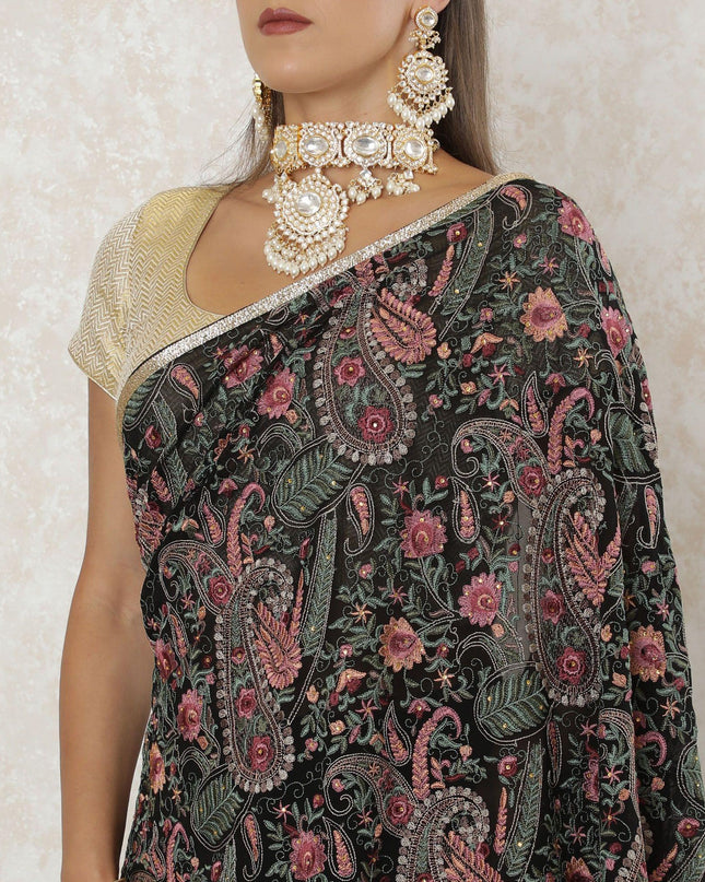Black premium pure georgette Kashmiri work saree with multicolor embroidery having stone work and gold border bead work in paisley design-D12565