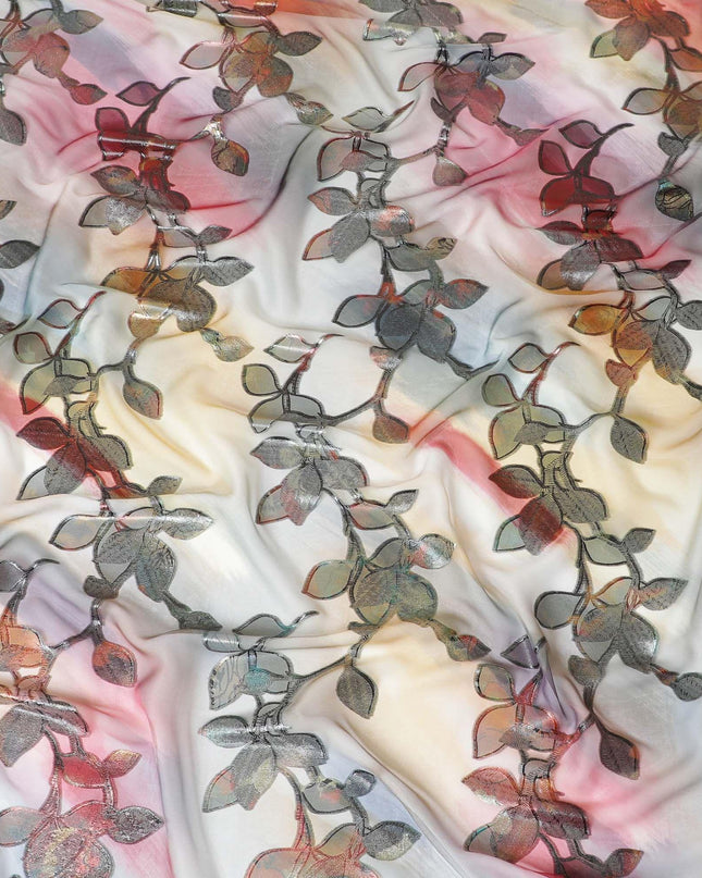 قماش شيفون حريري نقي فاخر متعدد الألوان مطبوع مع لوركس معدني متعدد الألوان بتصميم زهور-D9340