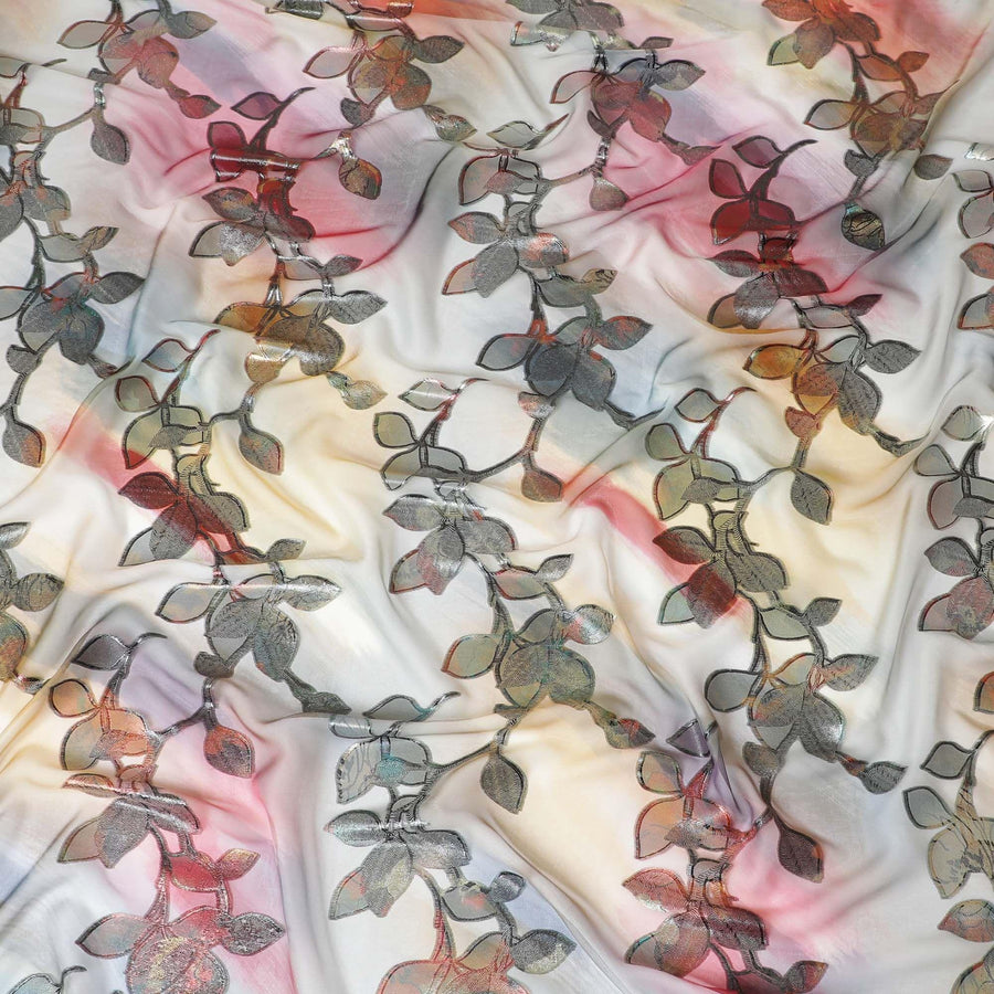 قماش شيفون حريري نقي فاخر متعدد الألوان مطبوع مع لوركس معدني متعدد الألوان بتصميم زهور-D9340