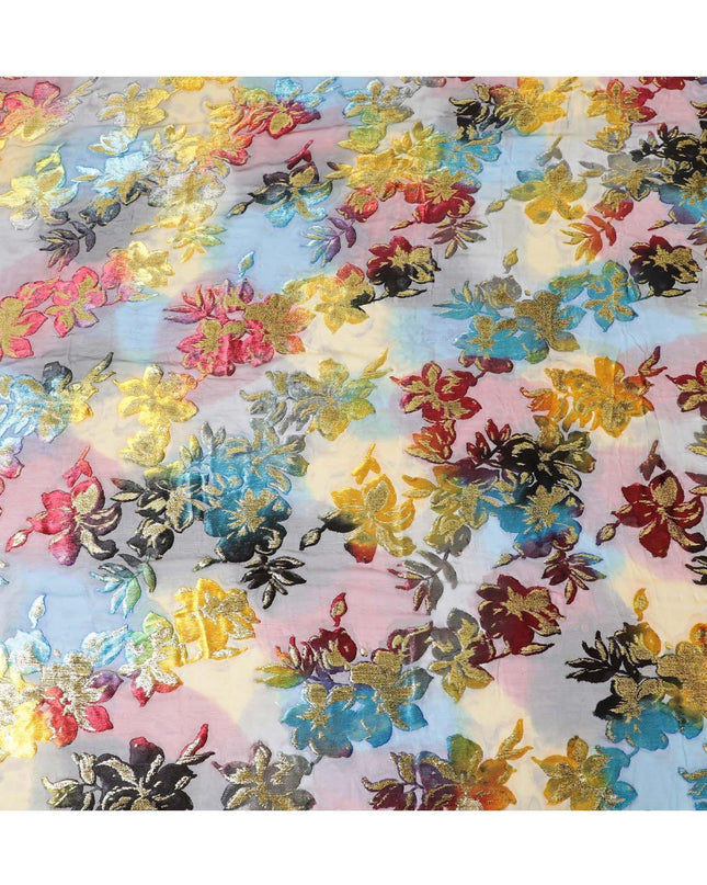 قماش شيفون حريري متعدد الألوان مطبوع رقميًا (مكمل) مع طبقة لوريكس معدنية ومخمل بتصميم زهور لديراك - D9902