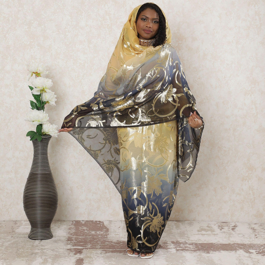 ثوب شيفون حرير فرنسي (فرنساوي) فاخر متعدد الألوان مع لوركس معدني ذهبي بتصميم زهور-D14369