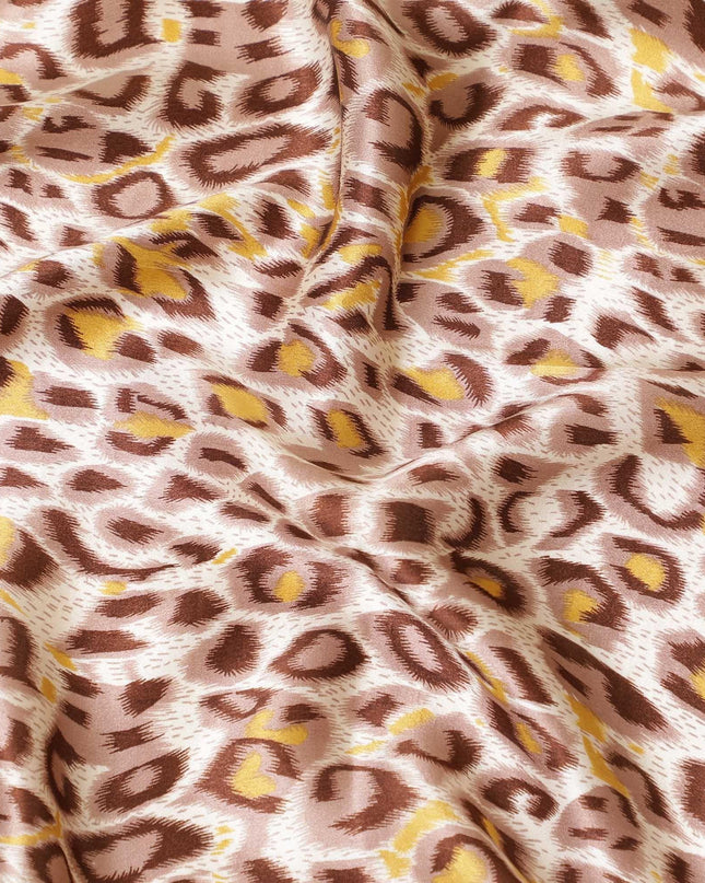 Light pink premium 100% Pure silk satin fabric with pale brown, mustard yellow and chocolate brown print in animal skin design-D9296