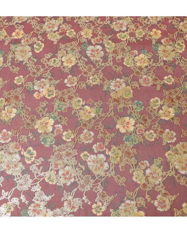 Barn red Premium pure silk chiffon fabric with multicolor print and gold metallic lurex in floral design-D14294