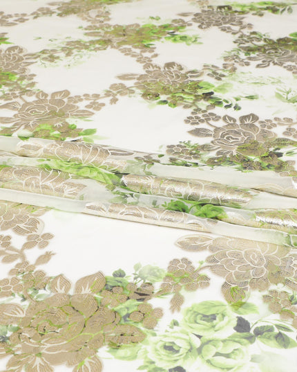 Off white pure silk chiffon fabric with pastel green print having gold metallic lurex in floral design-D8328