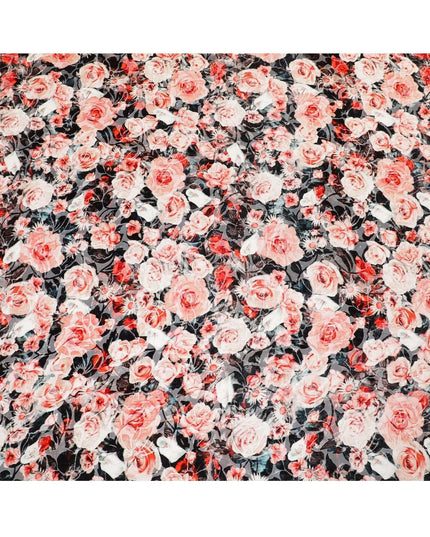 White Premium Italian silk chiffon dirac with black, orange and crimson red print having same tone velvet jacquard in floral design-D8688 Regal Fabrics