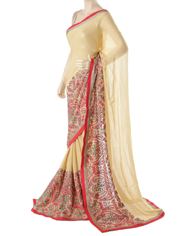 ساري شيفون صناعي مخلوط باللون البيج اللاتيه مع تطريز متعدد الألوان بتصميم فاخر مع خرز متعدد الألوان