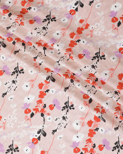 Baby pink viscose crepe printed fabric with multi colour prints and metallic lurex in floral design-D11166
