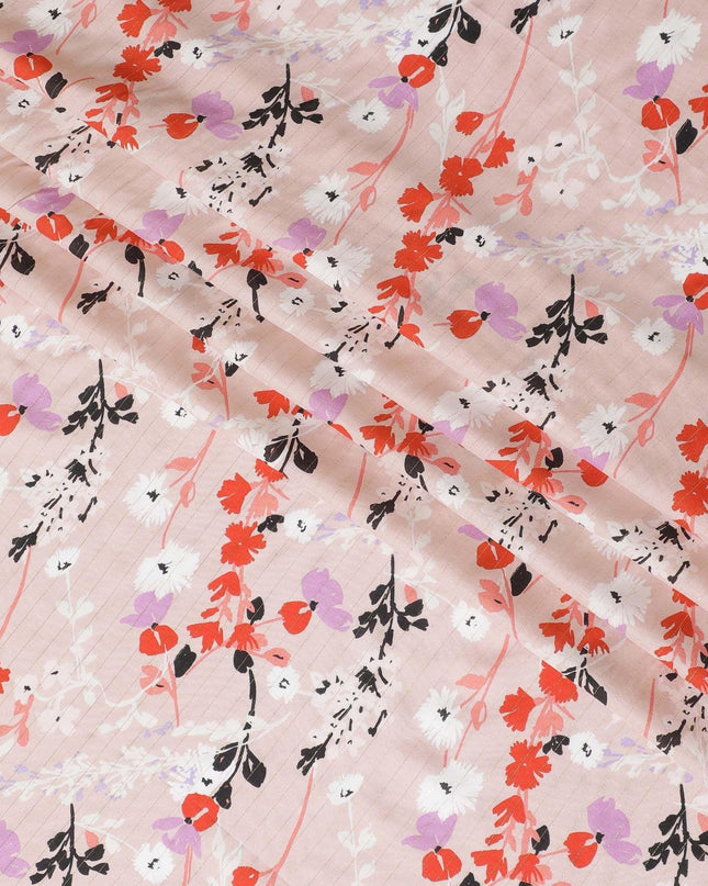 Baby pink viscose crepe printed fabric with multi colour prints and metallic lurex in floral design-D11166