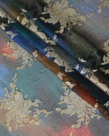 Multicolor premium pure handprinted silk chiffon fabric with gold metallic lurex in fancy design-D10408