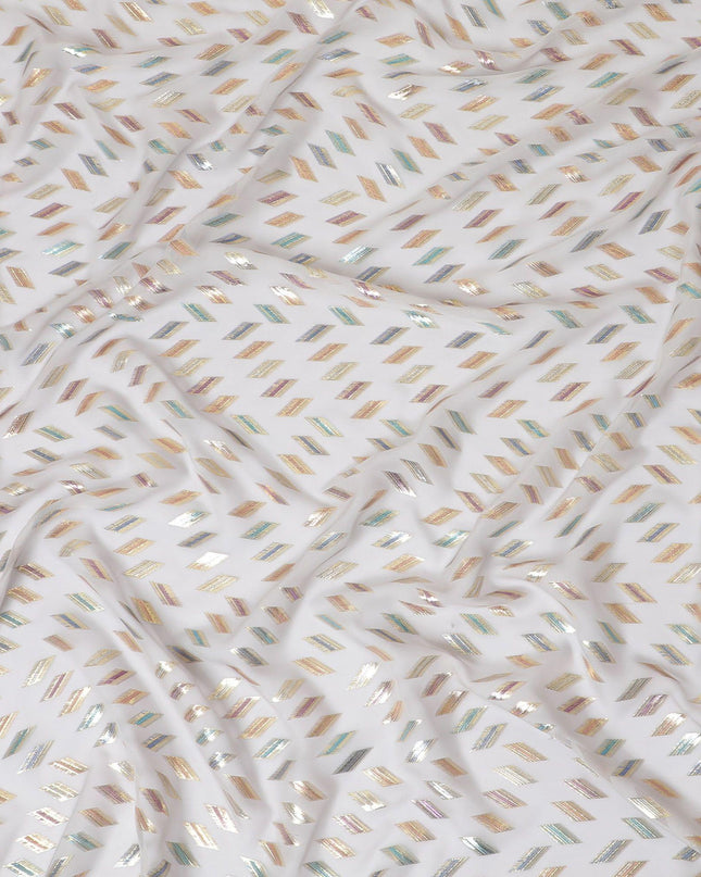 قماش شيفون من الحرير الخالص الفاخر باللون الرمادي اللؤلؤي مع لوريكس معدني متعدد الألوان بتصميم هندسي -D13140