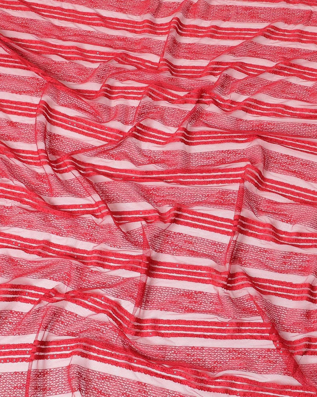 Scarlet red nylon tulle fabric with same tone embroidery and sequins in stripe design-D6670 Regal Fabrics