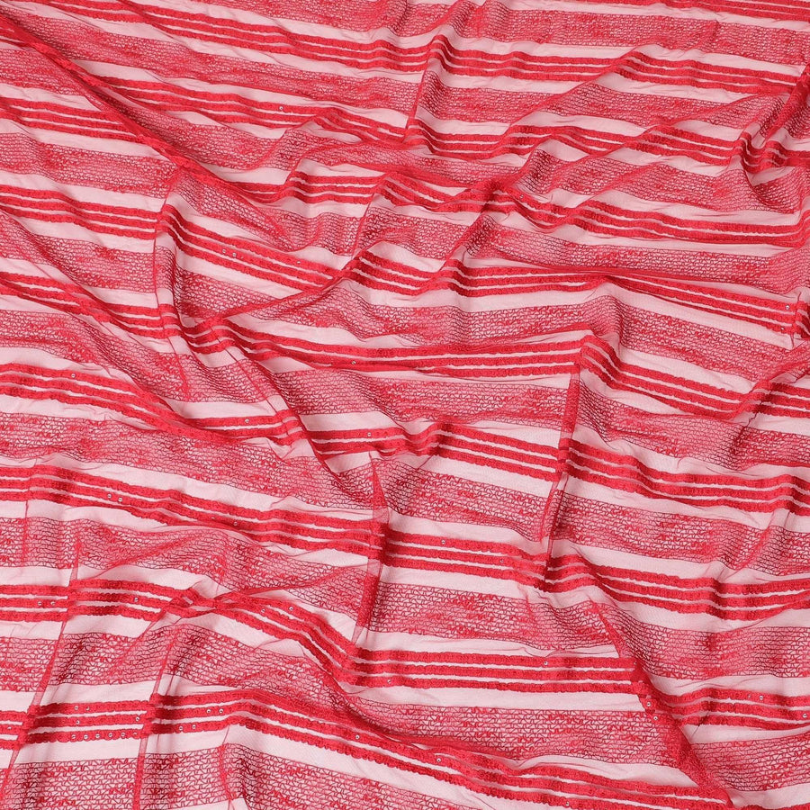 Scarlet red nylon tulle fabric with same tone embroidery and sequins in stripe design-D6670