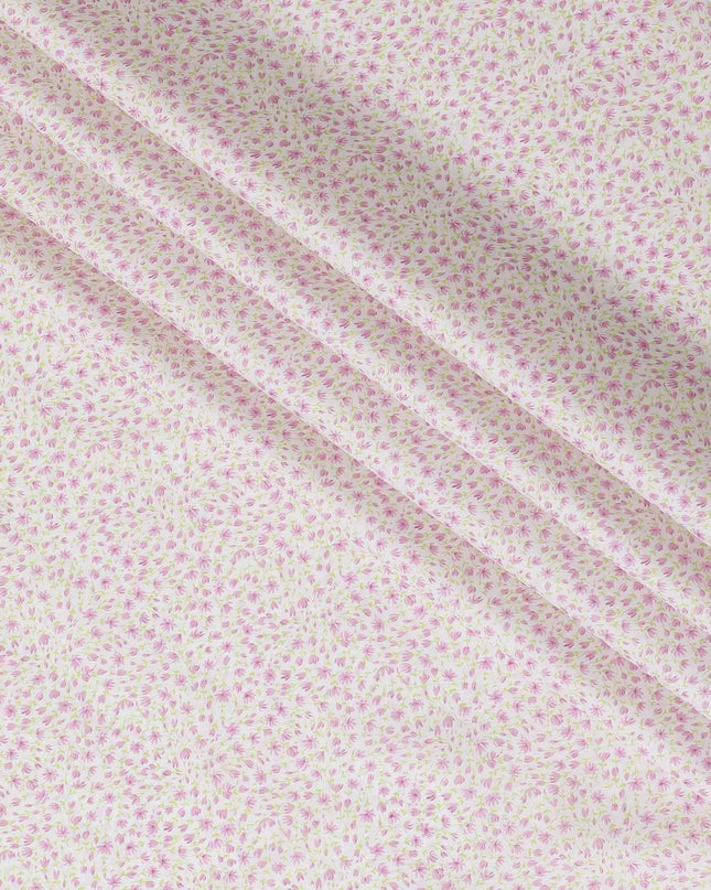 White 100% Swiss cotton lawn fabric with baby pink and parrot green print in floral design-D10104 Regal Fabrics