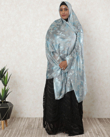 رمادي سحابي فاخر من الشيفون الفرنسي (الفرانساوي) الحريري مع الفيسكوز البيج والوركس المعدني الأزرق بتصميم الأزهار-D11578