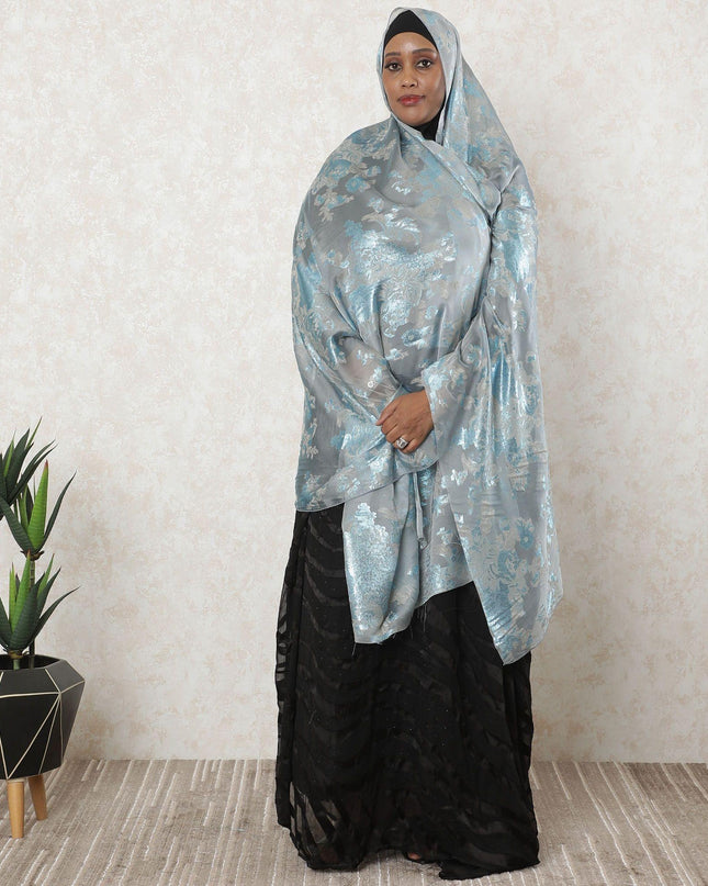 رمادي سحابي فاخر من الشيفون الفرنسي (الفرانساوي) الحريري مع الفيسكوز البيج والوركس المعدني الأزرق بتصميم الأزهار-D11578