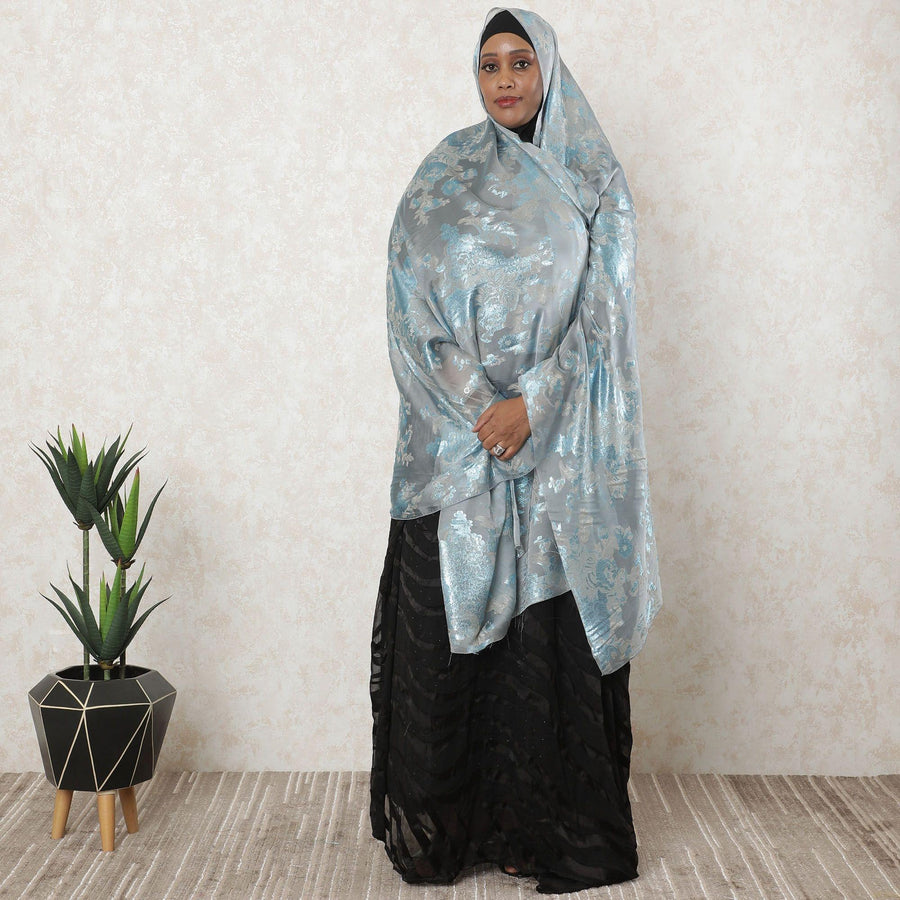 رمادي سحابي فاخر من الشيفون الفرنسي (الفرانساوي) الحريري مع الفيسكوز البيج والوركس المعدني الأزرق بتصميم الأزهار-D11578