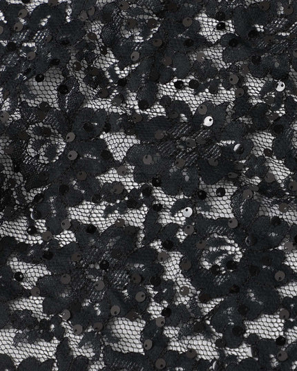 Black lace fabric with black sequins in floral design