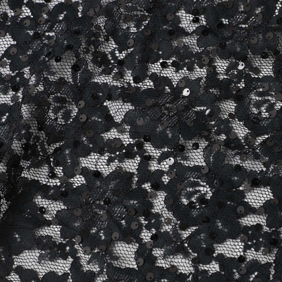 Black lace fabric with black sequins in floral design