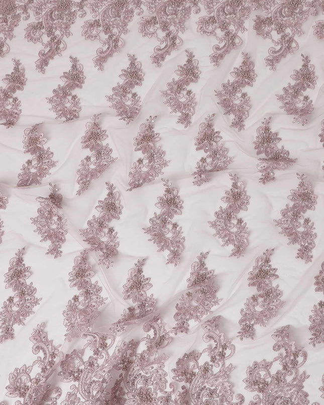 Crepe pink nylon tulle fabric with same tone embroidery, pearls, beads and sequins in floral design-D6673 Regal Fabrics