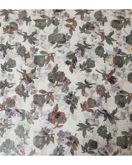 قماش شيفون من الحرير الخالص الفاخر باللون الأخضر الغار مع طباعة متعددة الألوان ولوريكس معدني بتصميم زهور-D13238