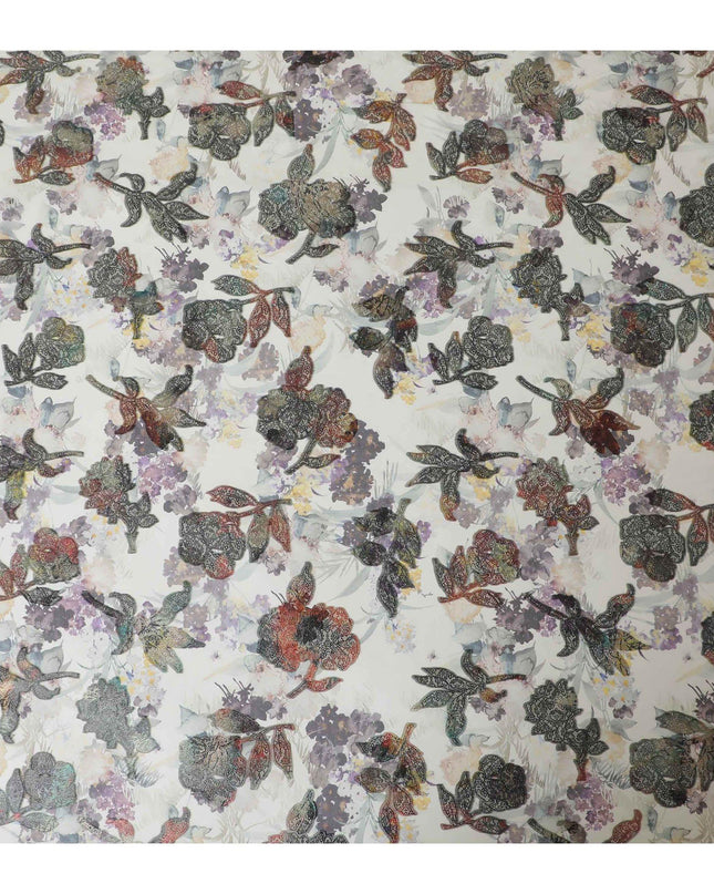 قماش شيفون من الحرير الخالص الفاخر باللون الأخضر الغار مع طباعة متعددة الألوان ولوريكس معدني بتصميم زهور-D13238