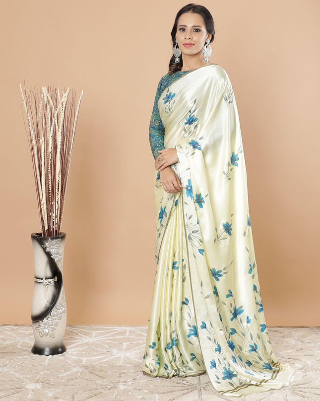 ساري من الساتان الحريري الخالص باللون البيج مع طباعة يدوية باللون الرمادي والأزرق مع لمعان ذهبي بتصميم زهور-D8743S