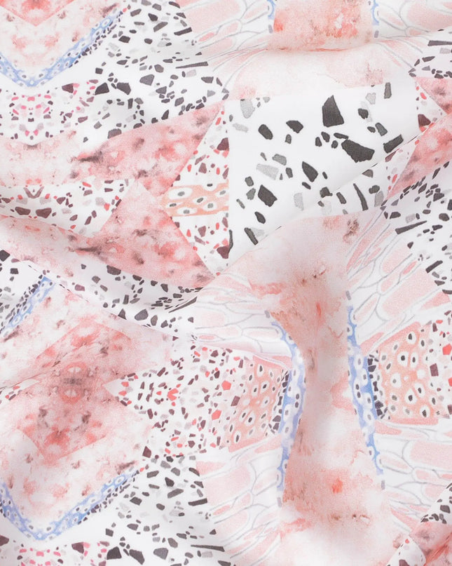 White synthetic satin fabric with multicolor print in abstract design-D10258 Regal Fabrics