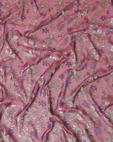 قماش من الشيفون الحريري النقي المتغير الفاخر باللون العنابي مع الفيسكوز الأرجواني مع اللوريكس المعدني الذهبي بتصميم الأزهار -D14649