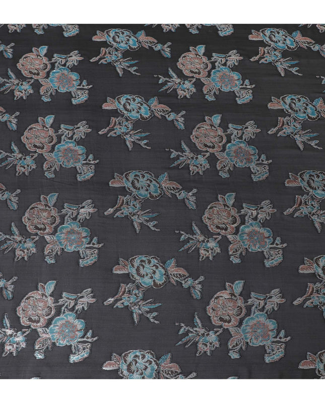 Black premium pure silk chiffon fabric with silver, baby blue and copper metallic lurex in floral design-D11501