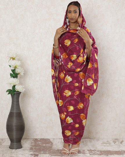 ثوب فوال من القطن السويسري الخالص باللون الوردي السيري مع جاكار بنفس اللون مع طباعة باللون الأصفر الخردل والأخضر الزيتوني بتصميم الأزهار-D14335