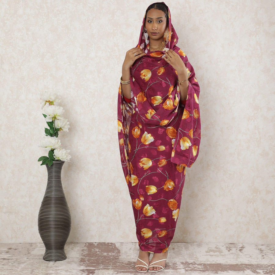 ثوب فوال من القطن السويسري الخالص باللون الوردي السيري مع جاكار بنفس اللون مع طباعة باللون الأصفر الخردل والأخضر الزيتوني بتصميم الأزهار-D14335