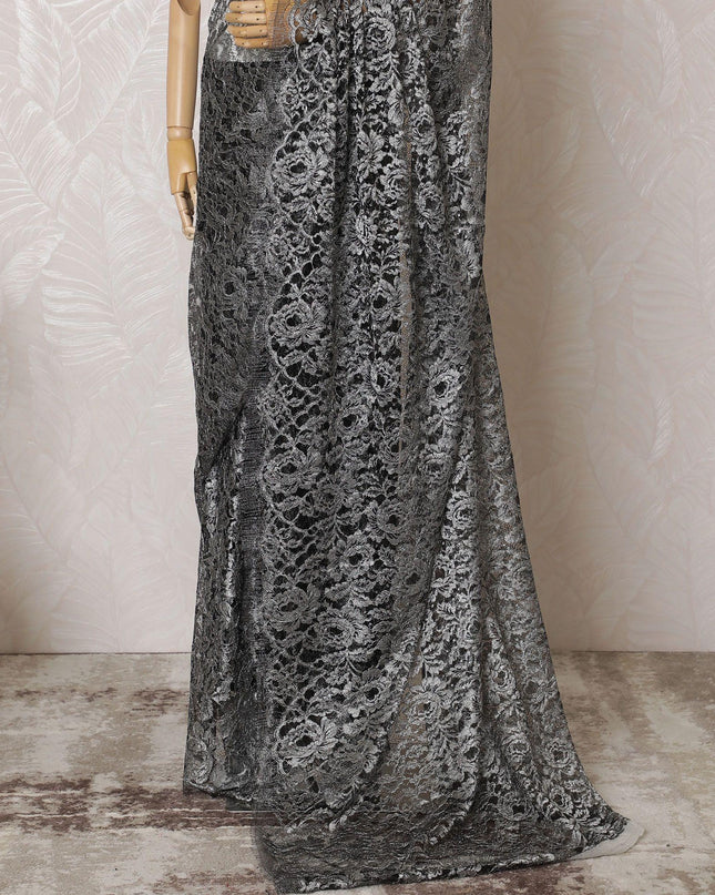 Black, Silver Premium pure French metallic chantilly lace saree in floral design-D15547