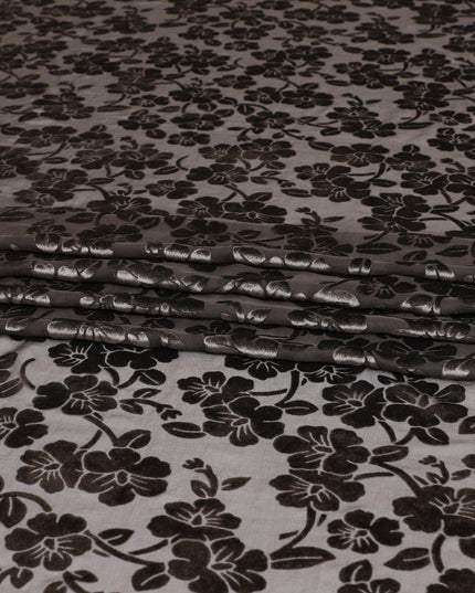 Black silk chiffon dirac (makmal) fabric with brown, gold velvet jacquard in floral design-D8649