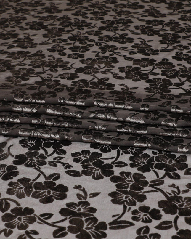 Black silk chiffon dirac (makmal) fabric with brown, gold velvet jacquard in floral design-D8649