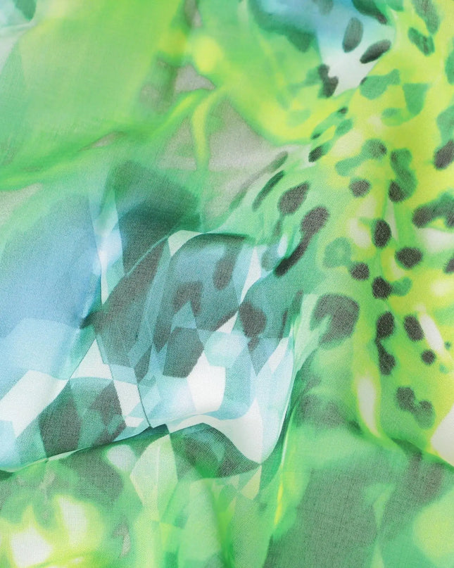 White Swiss 100% cotton voile fabric with baby blue, neon green, off white and bottle green print in floral design-D7200 Regal Fabrics