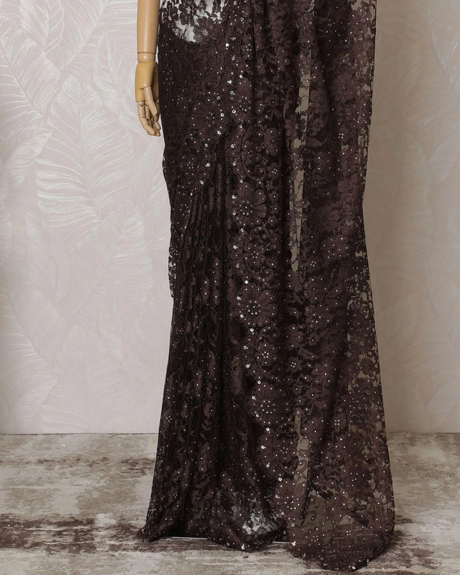 Mocha brown Premium pure French chantilly lace saree having stone work in floral design-D14595 Regal Fabrics
