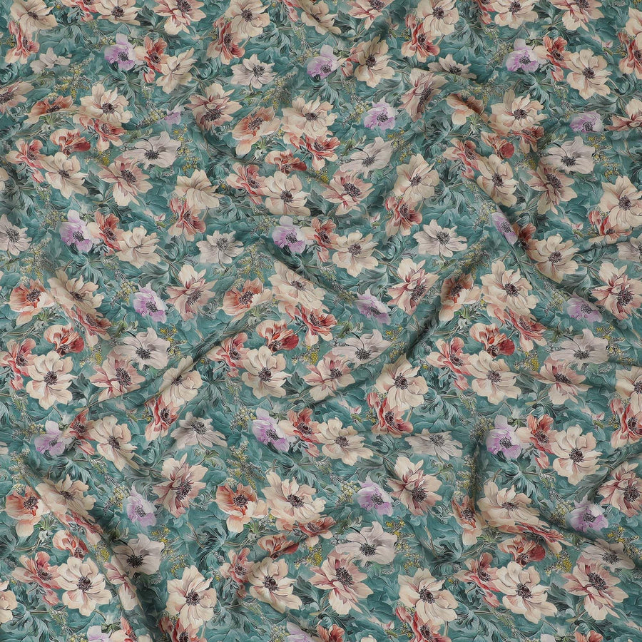 Light teal green viscose crepe fabric with multicolor print in floral design-D15354