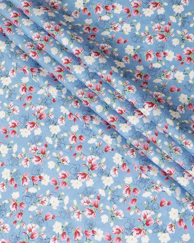 Air Force blue uragiri cotton voile fabric with same tone jacquard having multicolor print in floral design-D10067