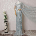 Baby blue, multicolor Premium pure metallic French chantilly lace saree in paisley design-D14916