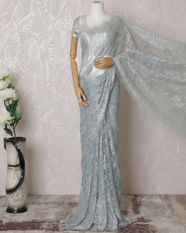 Baby blue, multicolor Premium pure metallic French chantilly lace saree in paisley design-D14916