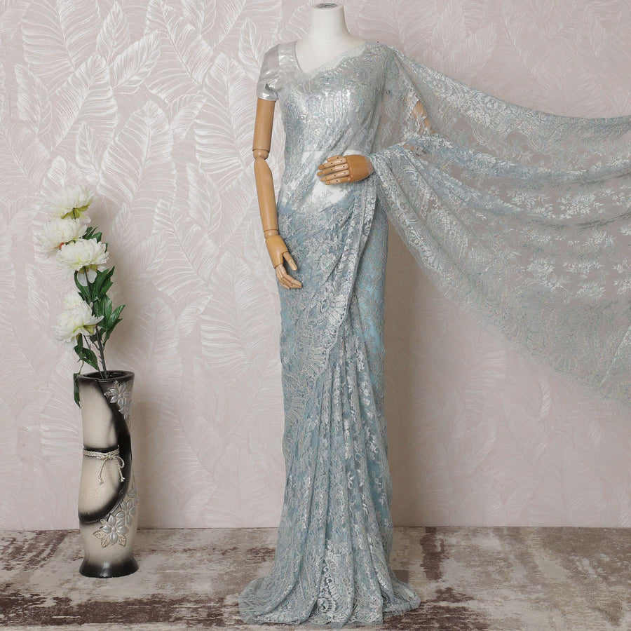 Baby blue, multicolor Premium pure metallic French chantilly lace saree in paisley design-D14916