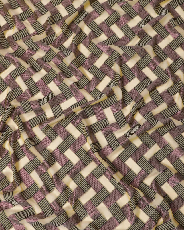 Blonde yellow Premium pure French (Fransawi) silk chiffon fabric with black viscose and burgundy pink metallic lurex in abstract design-D12718