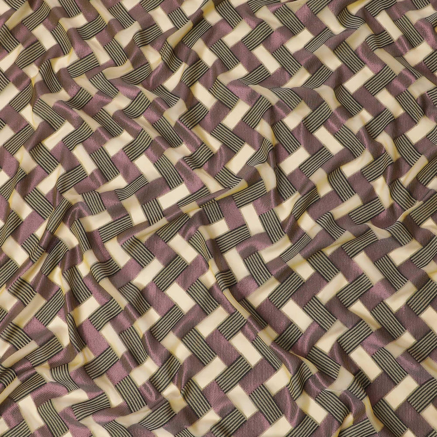 قماش شيفون حريري فرنسي (فرنساوي) فاخر أصفر أشقر مع فيسكوز أسود ولوريكس معدني وردي بورجوندي بتصميم تجريدي -D12718