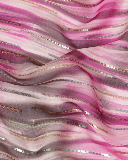 قماش شيفون من الحرير الخالص باللون الأبيض الفاتح مع طباعة باللون الوردي والأسود مع لوريكس معدني ذهبي وفضي بتصميم مخطط - D13981