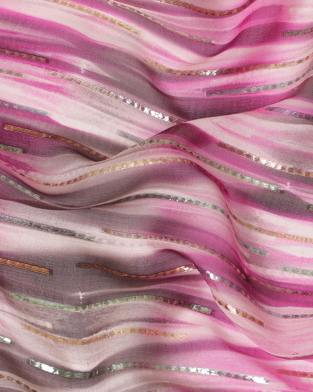 قماش شيفون من الحرير الخالص باللون الأبيض الفاتح مع طباعة باللون الوردي والأسود مع لوريكس معدني ذهبي وفضي بتصميم مخطط - D13981