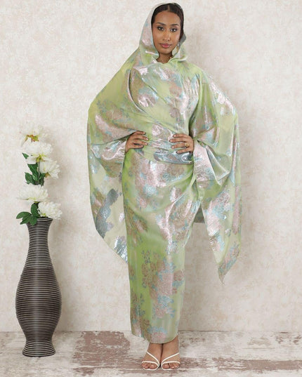Mint green Premium Pure French (Fransawi) silk chiffon thobe with pale brown and baby blue metallic lurex in floral design-D14370 Regal Fabrics