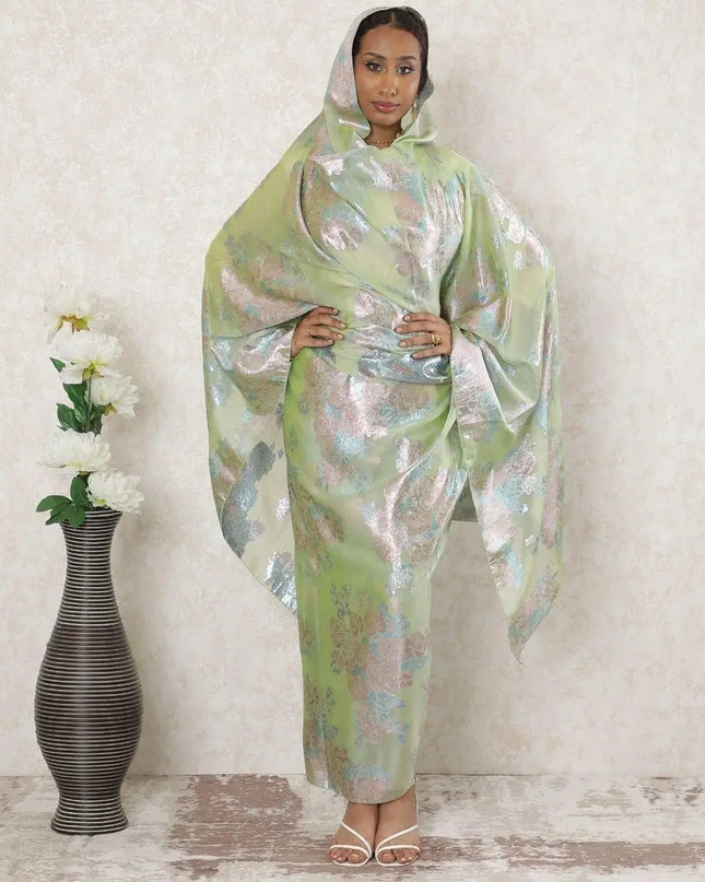 Mint green Premium Pure French (Fransawi) silk chiffon thobe with pale brown and baby blue metallic lurex in floral design-D14370 Regal Fabrics