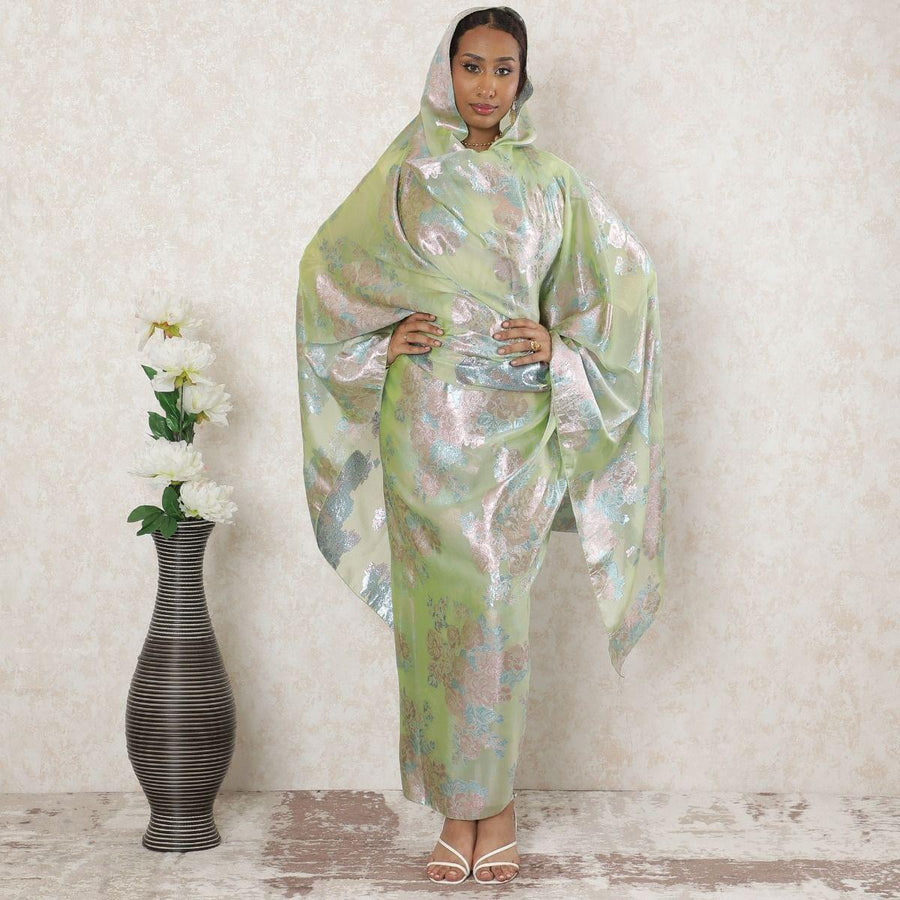 Mint green Premium Pure French (Fransawi) silk chiffon thobe with pale brown and baby blue metallic lurex in floral design-D14370 Regal Fabrics