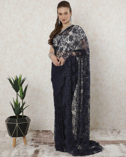 Navy blue, blue Premium French chantilly lace saree in floral design-D11458 Regal Fabrics